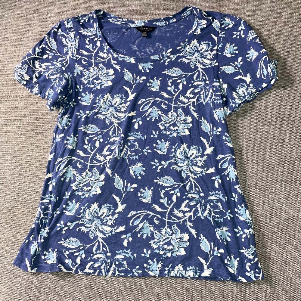 Lucky Brand Blouse Top Women's Small Blue Floral Print Short Sleeve Round Neck